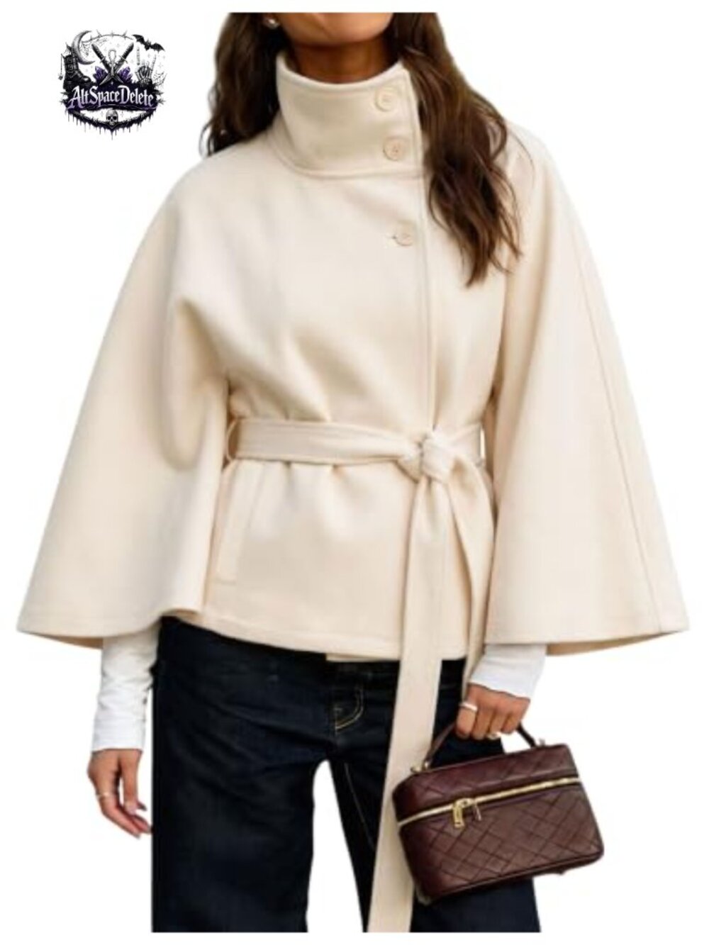 Women Wool Blend Batwing Sleeve Poncho Cape Jacket Belted